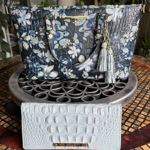 Brahmin Leather Croc Mini Asher Melbourne Blue Floral Bag & Ady Wallet EUC